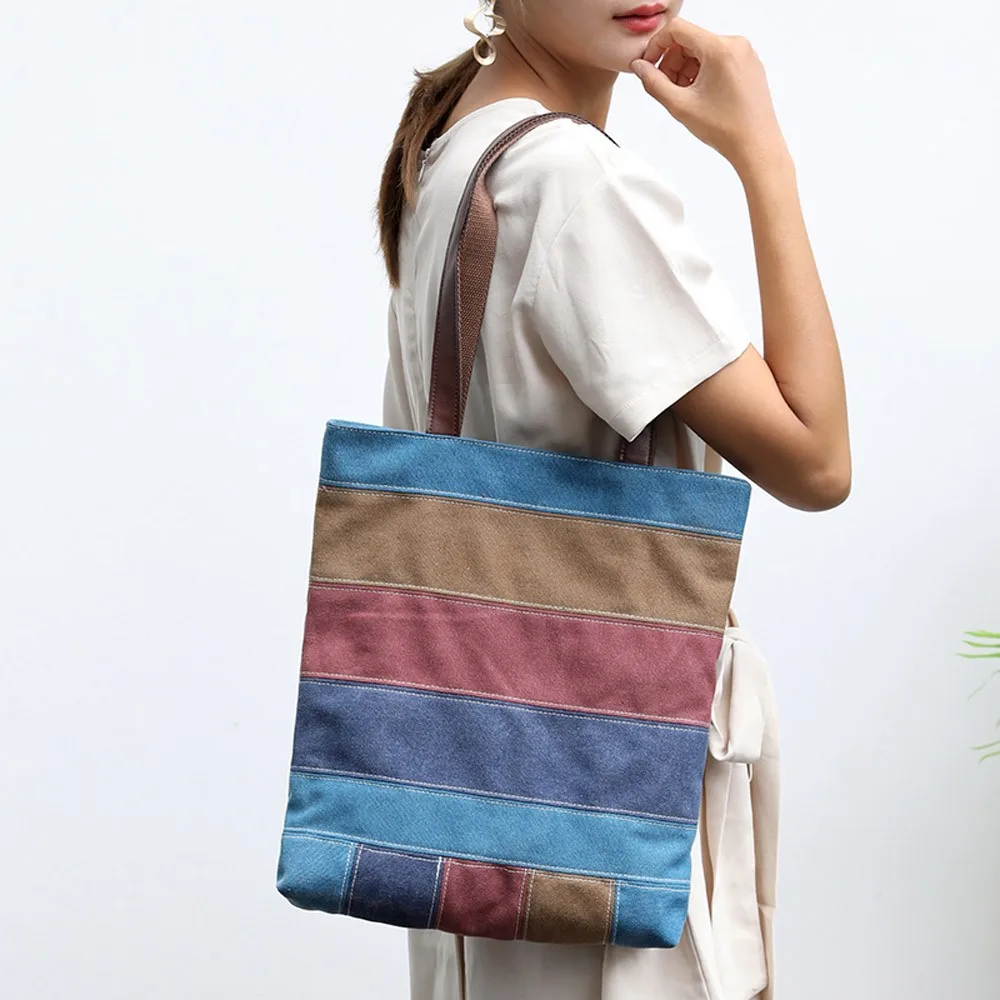 Vintage Canvas Women Shoulder Bag Female Striped Handbags Large Capacity Rainbow Beach Tote Bag ...