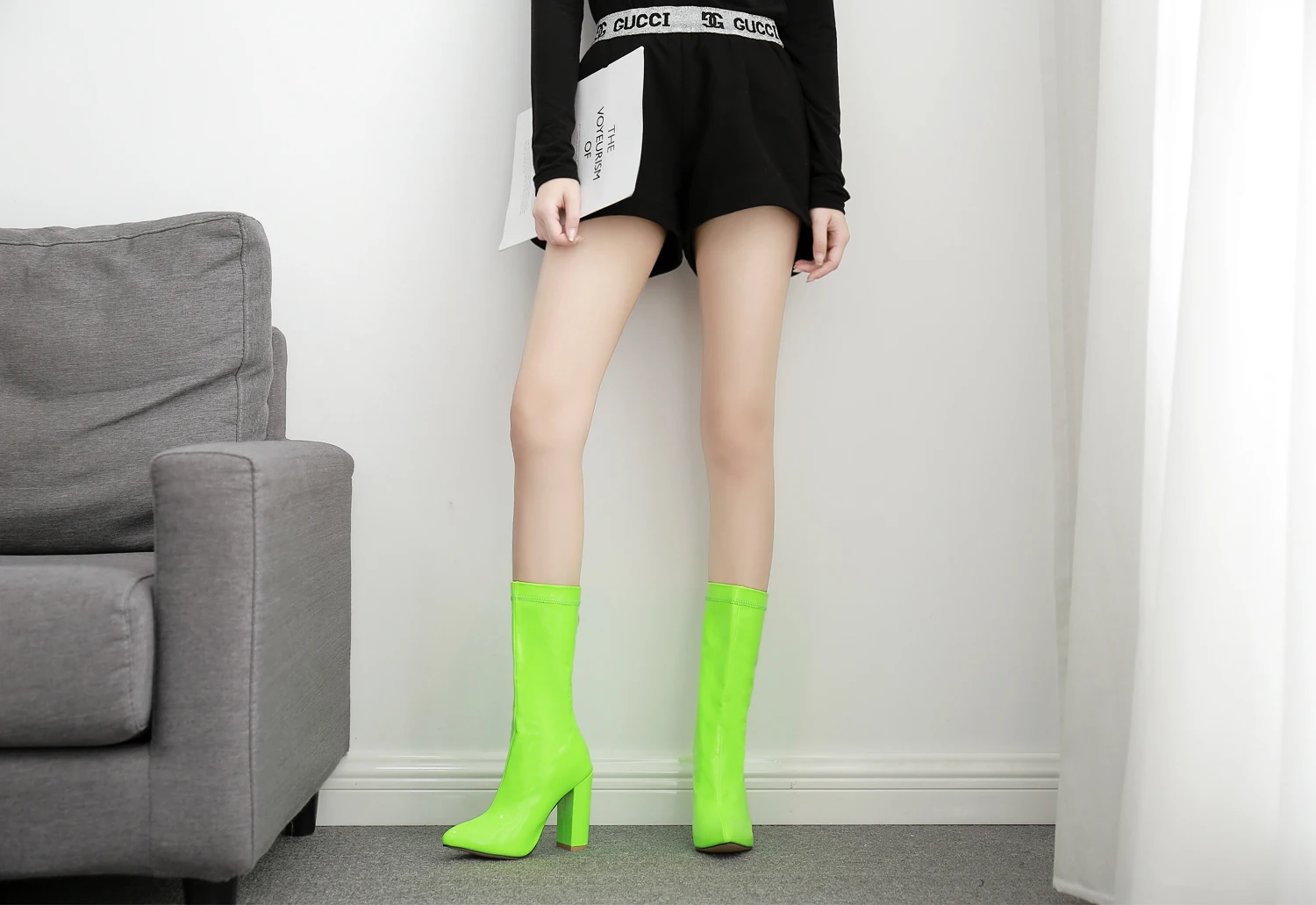 AIYKAZYSDL/сезон весна-осень; женские ботинки; цвет РОЗОВЫЙ, неоновый, зеленый; виниловые блестящие лакированные кожаные ботинки; модельные туфли на высоком толстом каблуке