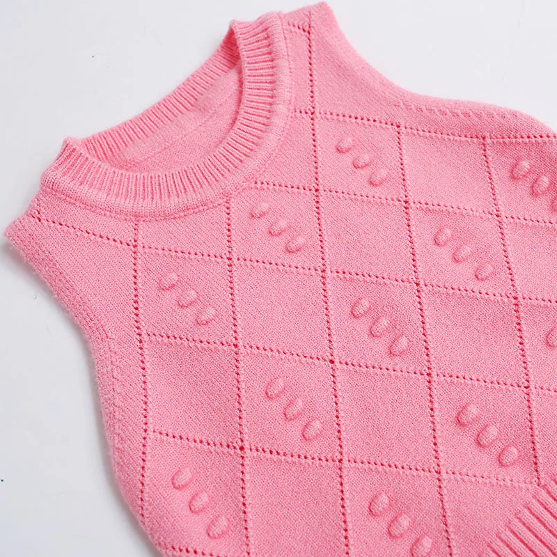 Hollow Out Baby Girl Sweater Vest Diamond Pattern O-Neck Sweet Princess Sleeveless Outfit Children's Knitting Pullover High Quality (13)