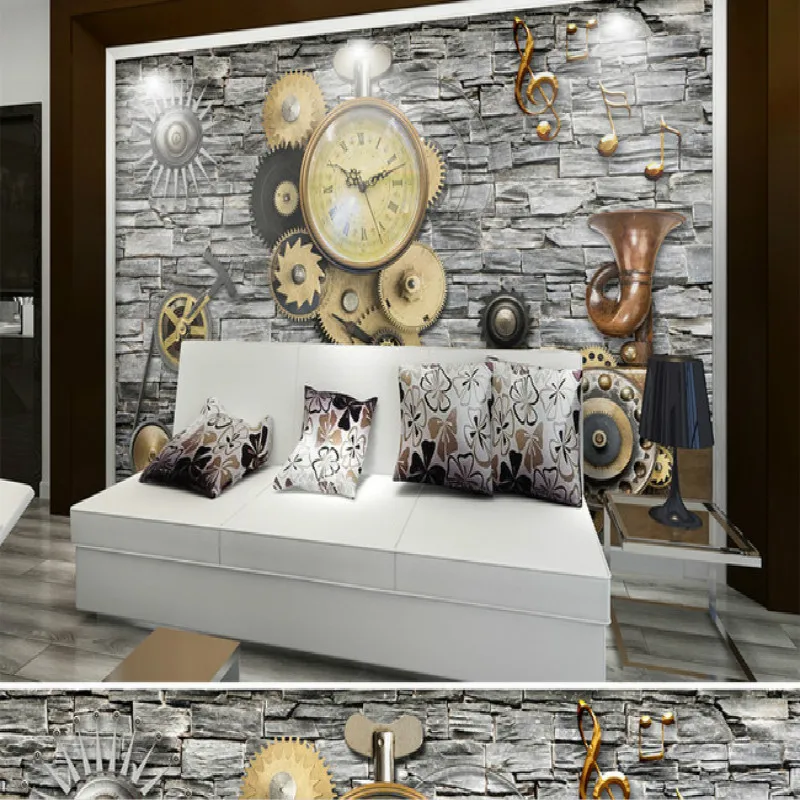 

Brick wall clocks mechanical gear tooling large mural wallpaper mural painting living bedroom backdrop stereoscopic wallpaper