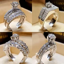 USTAR 2pc/set CZ crystals Promise Wedding Rings set for women Retro Fashion jewelry silver Plated Engagement Rings Female Anel USTAR 2pc/set CZ crystals Promise Wedding Rings set for women Retro Fashion jewelry silver Plated Engagement Rings Female Anel