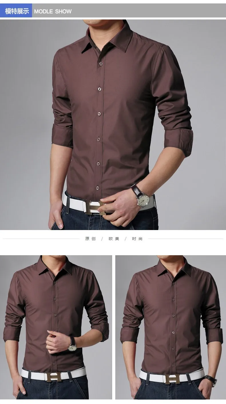 Весенняя мужская одежда с длинным рукавом, однотонная деловая рубашка/мужские модные тонкие повседневные хлопковые рубашки Camisa Camisas Masculina 2