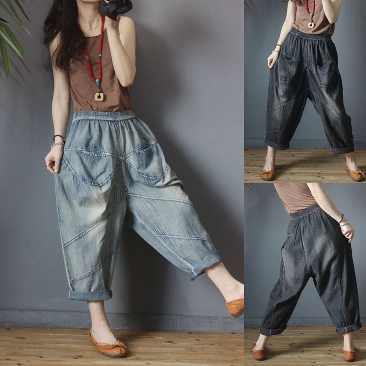 

Spring Summer New Women Casual All-match Loose Plus Size Vintage Bleached Elastic Waist Harem Pants Jeans Trousers 2 Colors