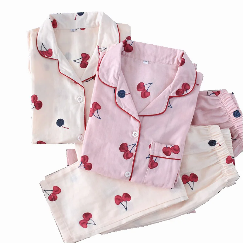 Spring And Autumn New Lady's Pajamas Set Cherry Printed Gauze Cotton Turn-down Collar Long Sleeve Trousers Household Wear