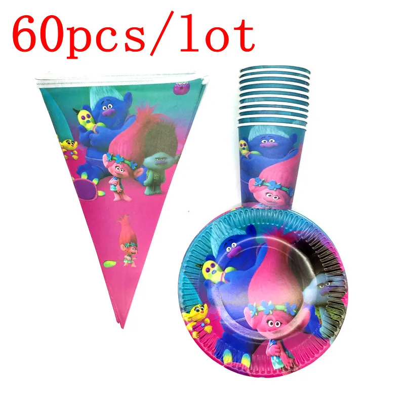 

Happy Birthday Decoration Boy Girl Paper Plate Cartoon Trolls Party Cups Kids Favors Flags Party Supplies 60pcs\lot