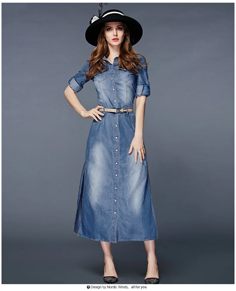 Весенне-осеннее платье из джинсовой ткани с разрезом сбоку и поясом три четверти, женское Модное Длинное Платье из джинсовой ткани NW15B5595
