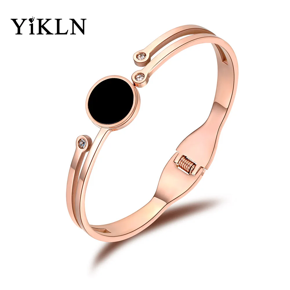 

YiKLN Trendy Stainless Steel Black Acrylic CZ Crystal Cuff Bangles Bracelets Lovers Jewelry For Women Gift YB18050