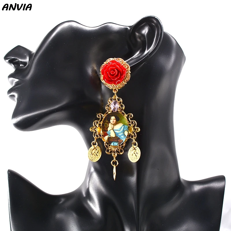 Baroque Bohemian Vintage Jewelry Gold Rose Flower Pearl Oil Painting Crystal Stud Earrings For Lady Party Wedding Wholesale