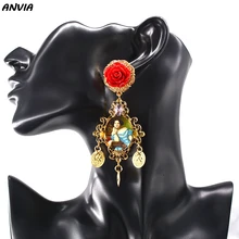 Baroque Bohemian Vintage Jewelry Gold Rose Flower Pearl Oil Painting Crystal Stud Earrings For Lady Party Wedding Wholesale