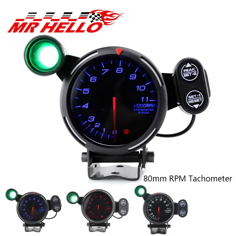 3-75-inches-80mm-RPM-Tachometer-gauge-With-Warning-car-meter-auto-gauge-black-face-Blue