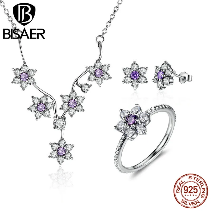 

BISAER 100% 925 Sterling Silver Forget Me Not, Purple & Clear CZ Jewelry Sets Wedding Engagement Jewelry Accessories HPS003
