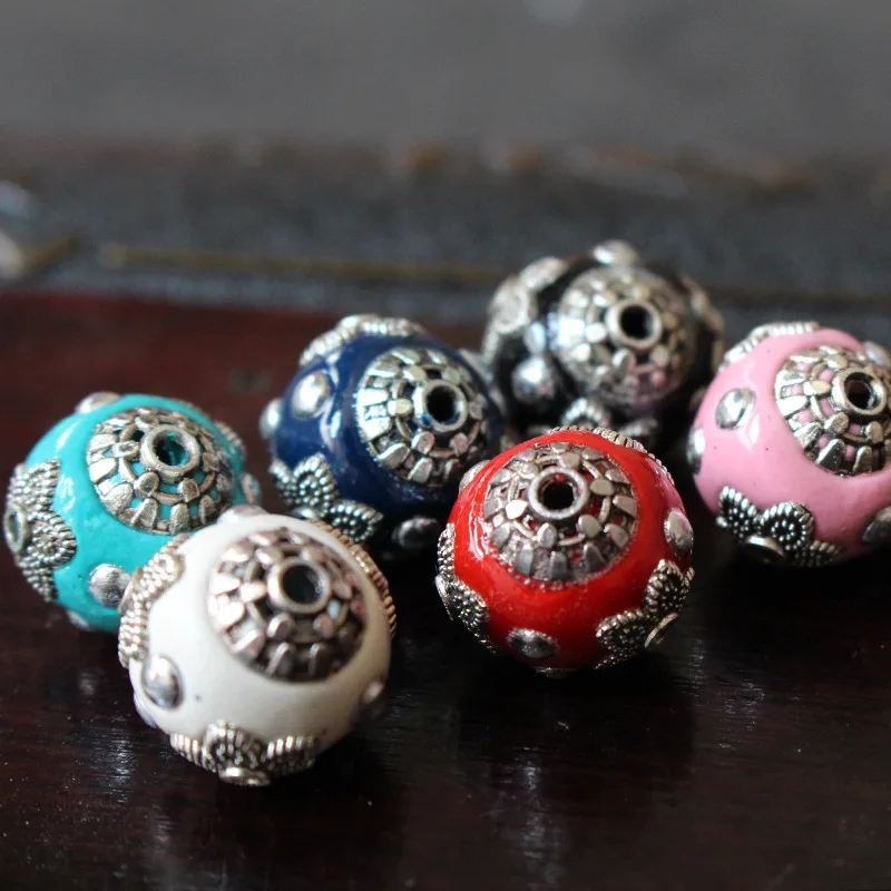

5pcs/lot Alloy Copper Nepal Beads 14mm Colorful Round Charm Findings Handmade Decoration Accessories Spacer DIY Jewelry Making