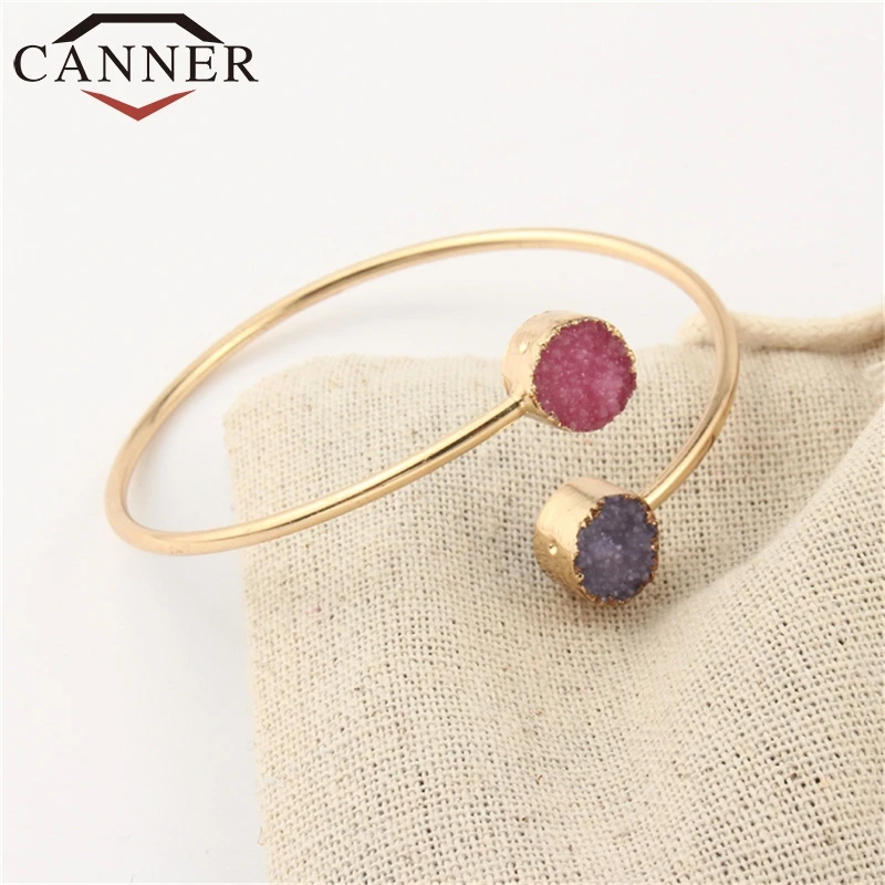 

CANNER Unique Design Gold Color Round Resin Open Bangle Fashion Adjustable Colorful Stone Women Bangles FO