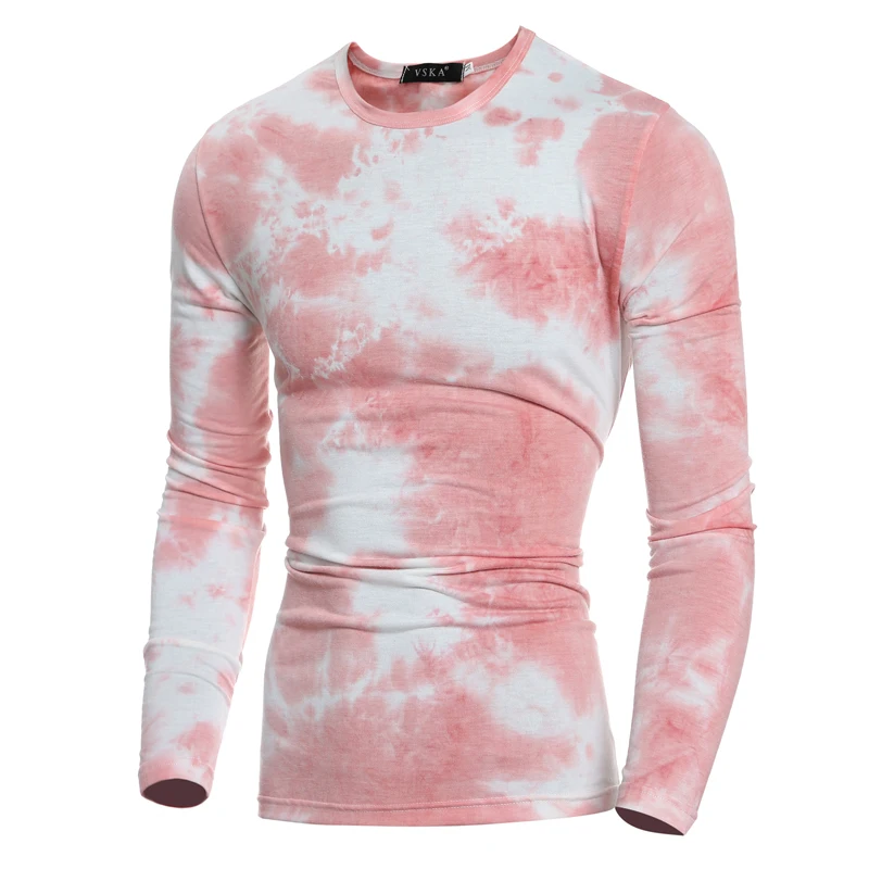 Hot New Style Autumn Winter Gradient Color Printed T Shirts Men Pink Casual Slim O-Neck Printed T-Shirts For Men