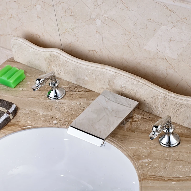 

Modern Square Waterfall Bathroom Spout Deck Mounted Dual Swan Handles Mixer Tap