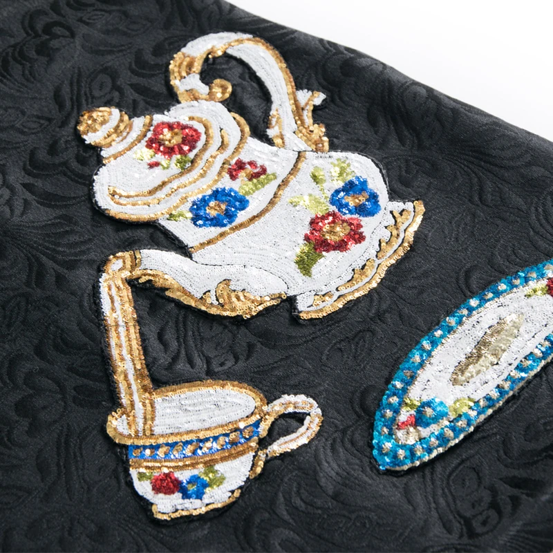 2017 Fashion Designer Spring Runway Dress Vintage Women Sleeveless Flower Sequined Teapot Embroidery Black Mini Dresses Vestidos Dresses