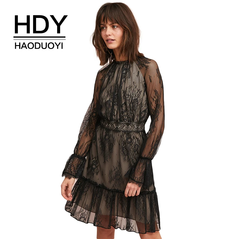 Женское кружевное платье HDY Haoduoyi Черное вечернее с круглым вырезом и длинным