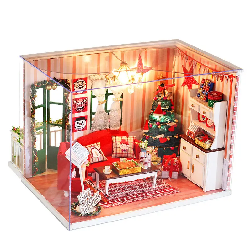 

With Christmas Tree DIY Wooden Doll House Toys Dollhouse Miniature Box Kit Handcraft Dollhouse As Kids Christmas/Birthday Gift
