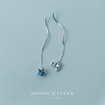 

Modian Classic Long Chain Tassel Drop Earrings For Women Genuine 925 Sterling Silver Clear Blue Crystal Stars Moon Jewelry Gift
