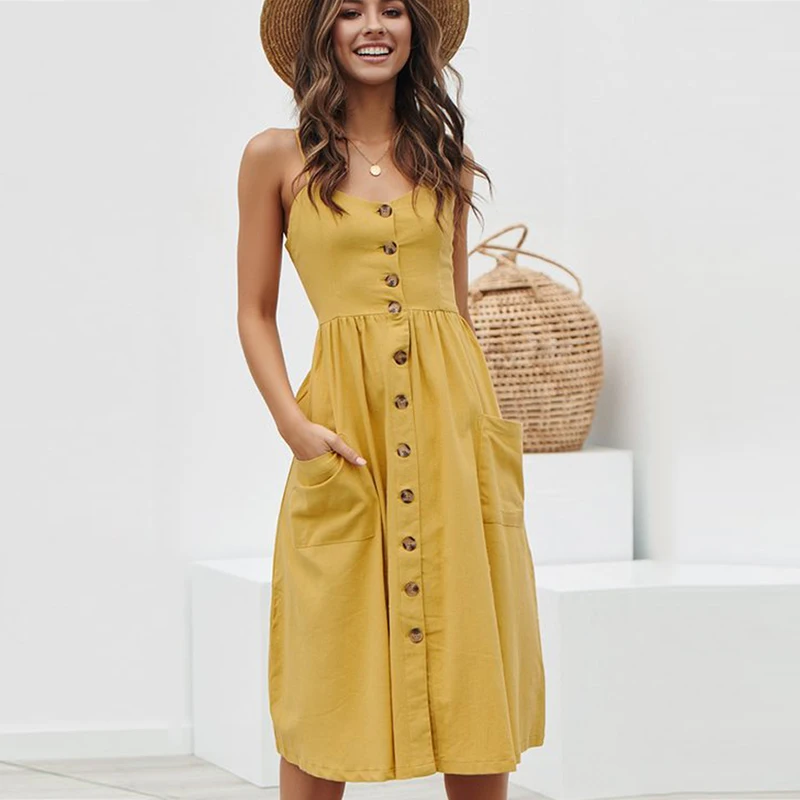 

Women Summer Dress 2019 Sexy Straps Bohemian Floral Tunic Beach Dress Sundress Pocket Red Yellow Dresses Female