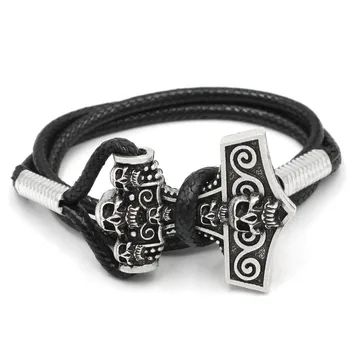 

Youeshone 10pcs Viking Leather Thor's Hammer Skull Mjolnir Bracelet- 23cm