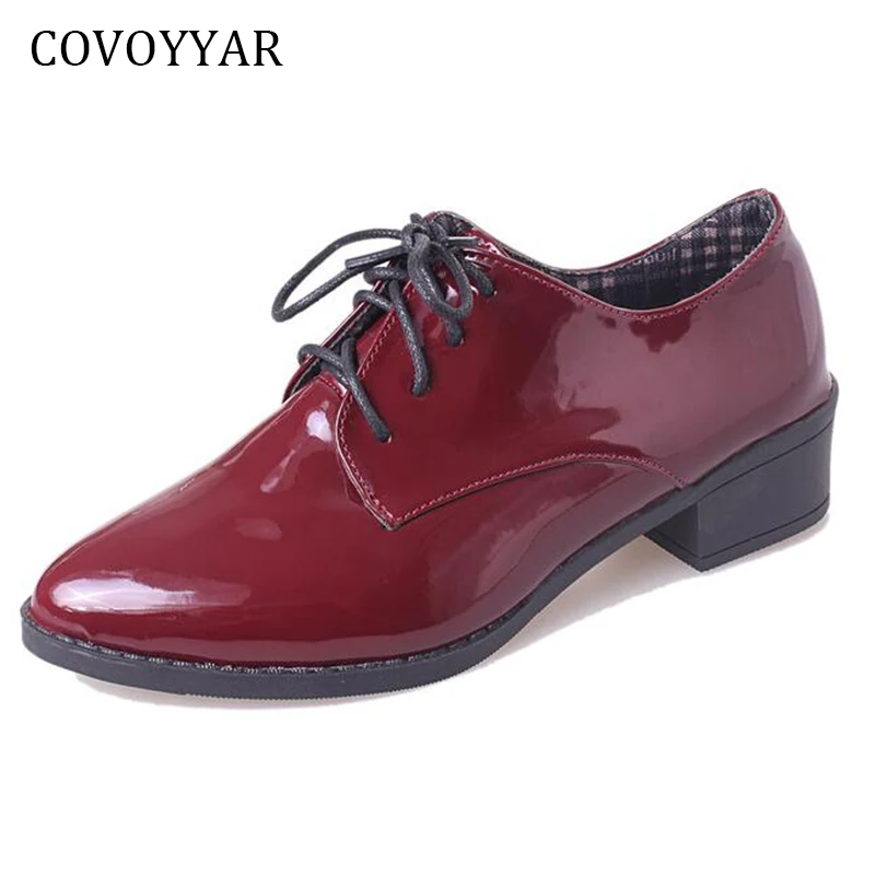 

COVOYYAR 2018 Patent Leather Oxfords Shoes For Women Spring Autumn British Pointed Toe Women Flats Lace Up Brogue Shoes WFS361