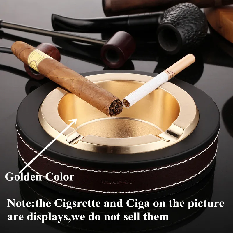 Honest ATH04 Cigar Ashtray Oval Golden & Silver Color Genuine Leather