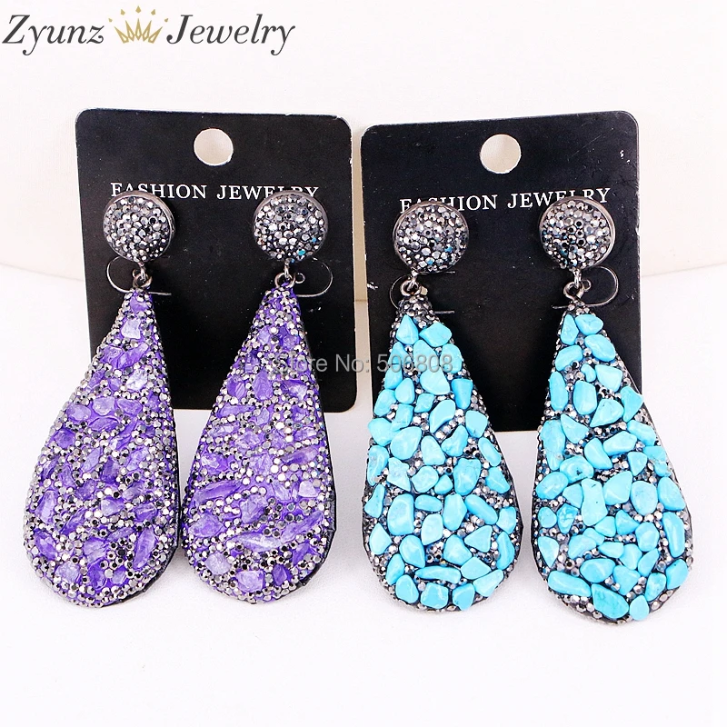

3Pairs ZYZ302-6518 Tiny Howlite / Purple Quartz Stones Earring Fashion Pave Rhinestone Beads Drop Shaped Boho Earrings