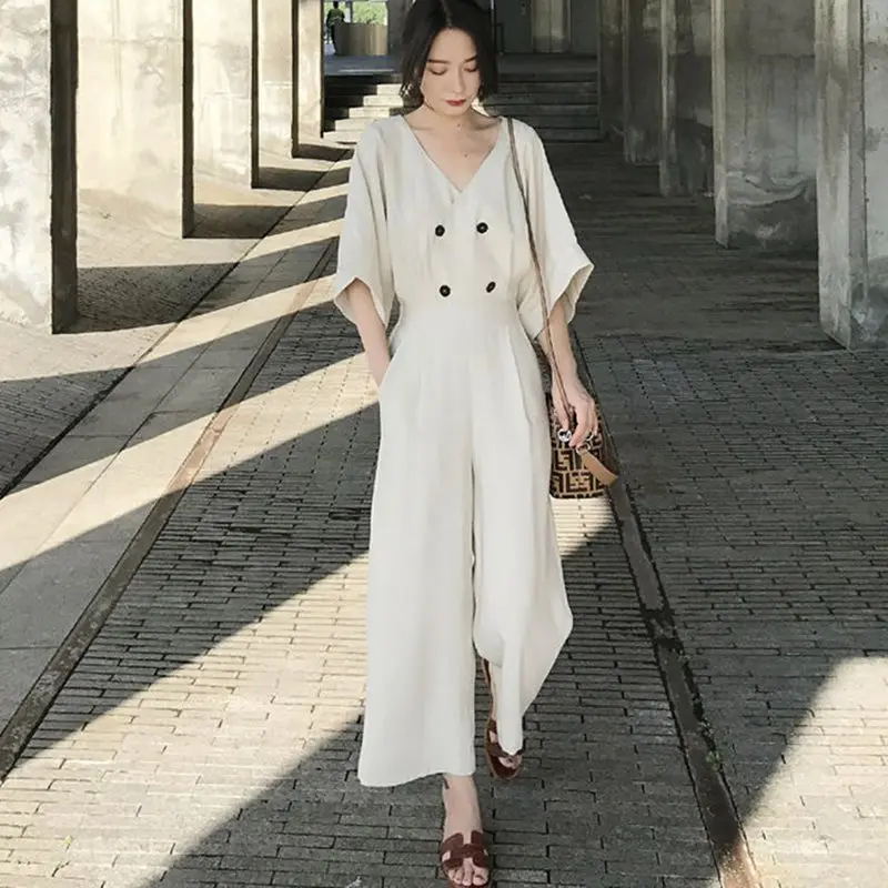 

Casual Simple Office Ladies Vintage Japan Style Plus Size Jumpsuits Women Loose Wide Legs High Waist Plain Button Retro Rompers