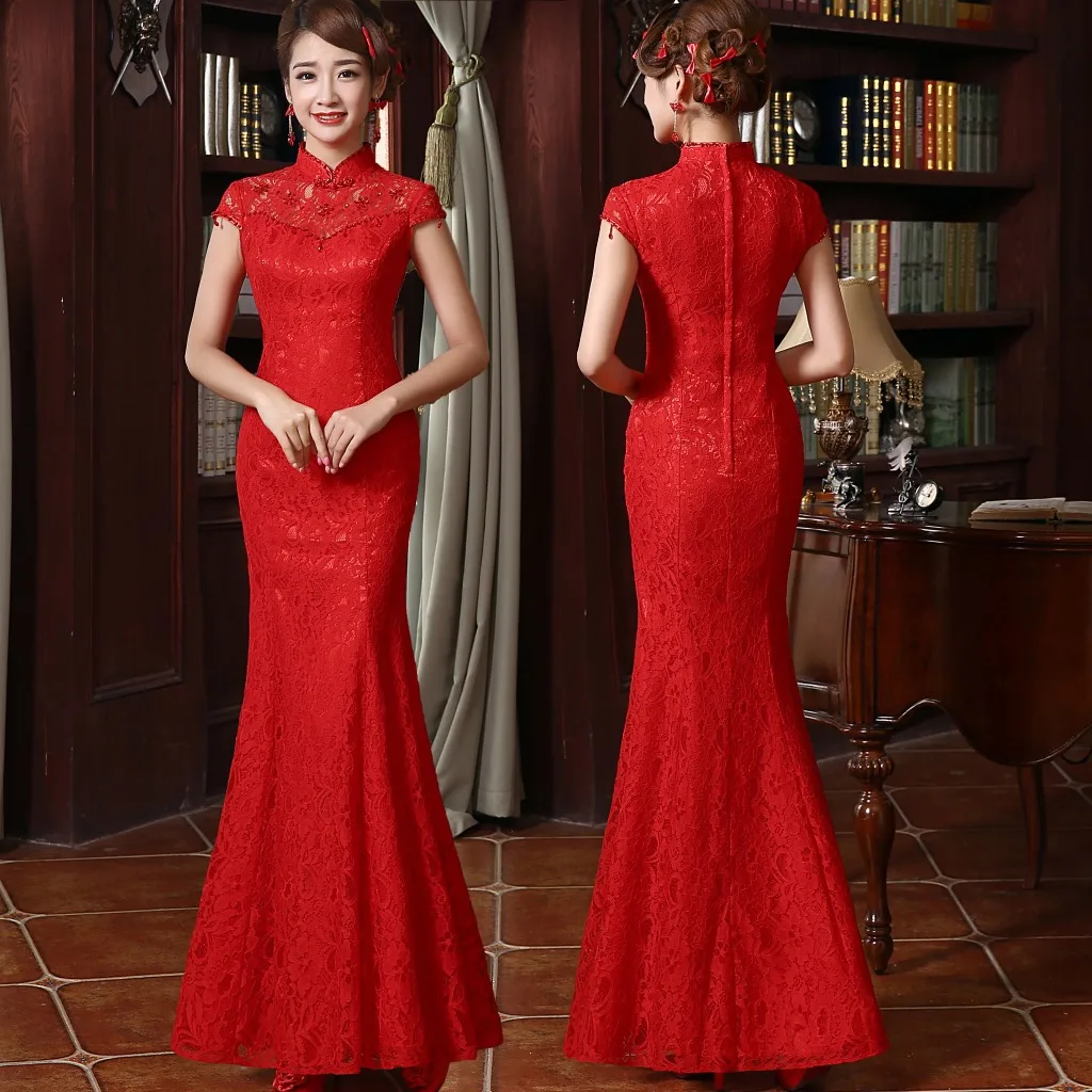 Женское кружевное платье Ципао с воротником стойкой qi pao red lace cheongsamchinese traditional