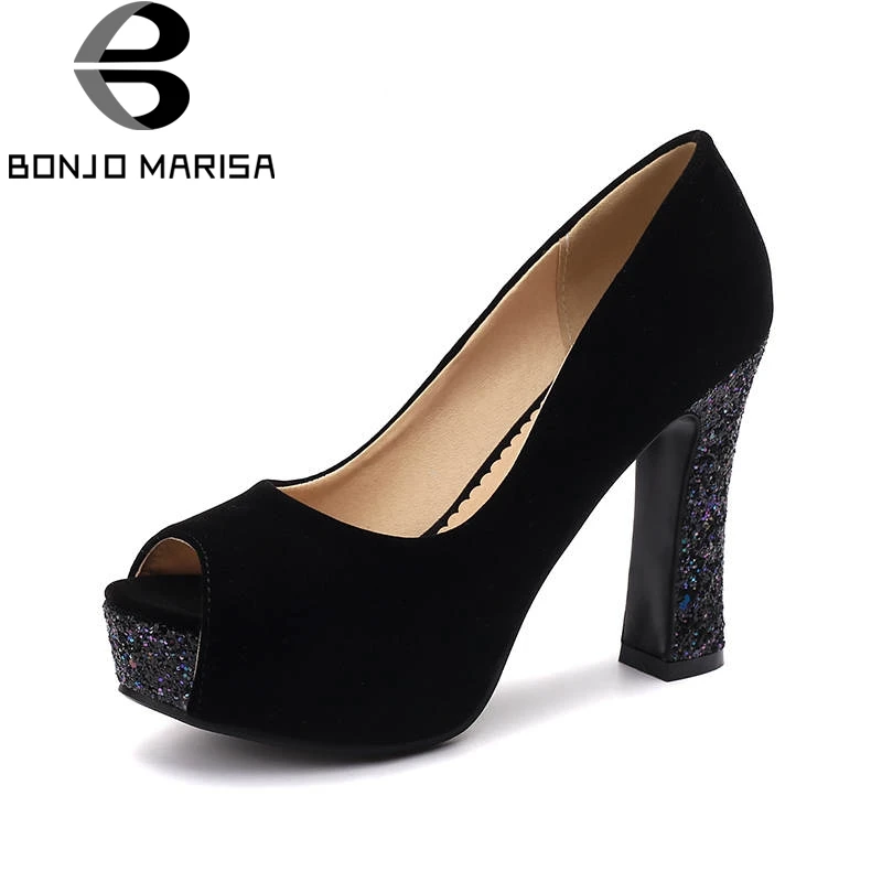 

BONJOMARISA 2019 Spring Autumn Glitters Party Pumps Big Size 33-43 Women Platform High Heels Shallow slip-on Shoes Woman