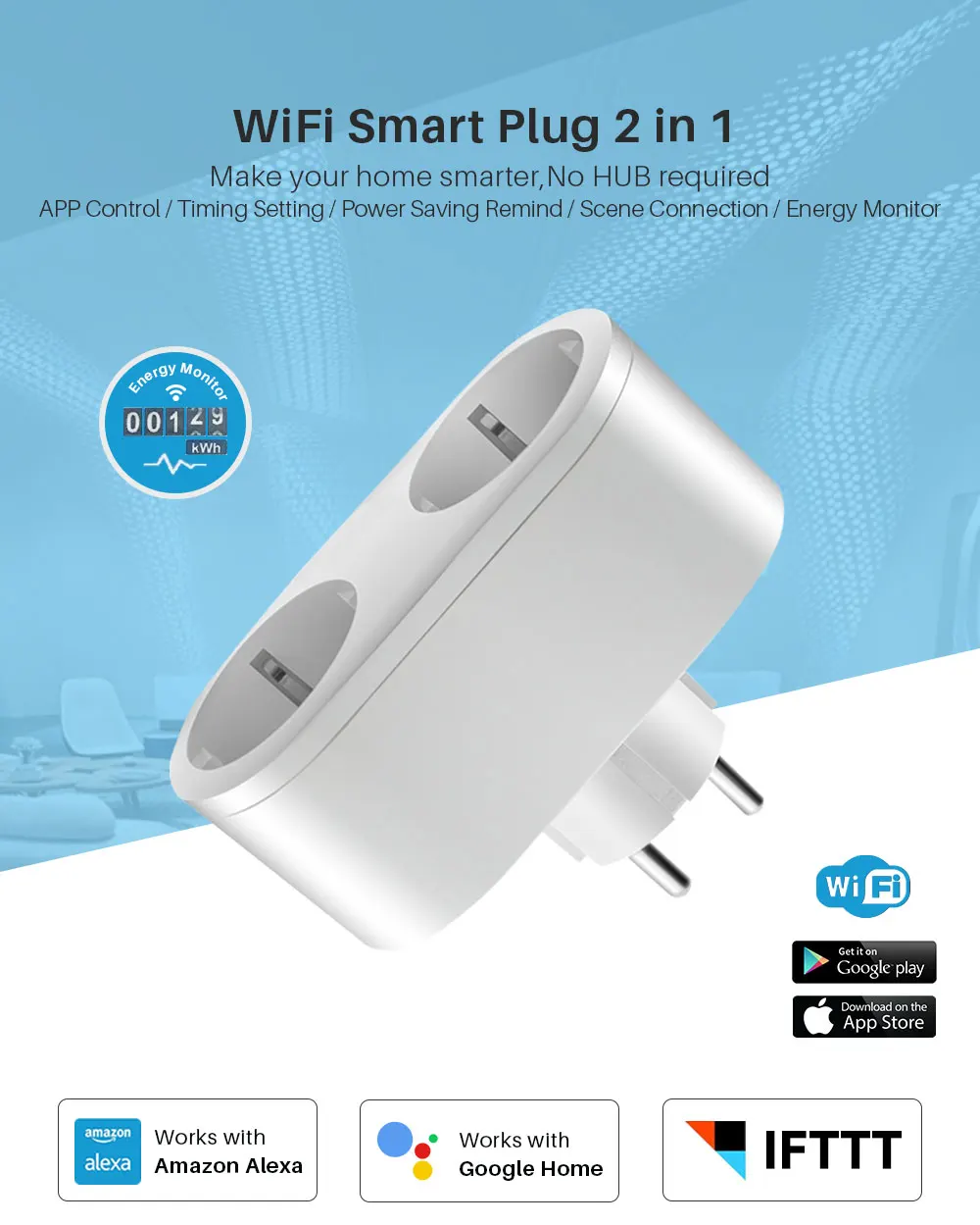 2 в 1 WiFi Smart Plug EU 16A розетка с монитором энергии приложение Управление работает с Google Home Mini Alexa IFTTT