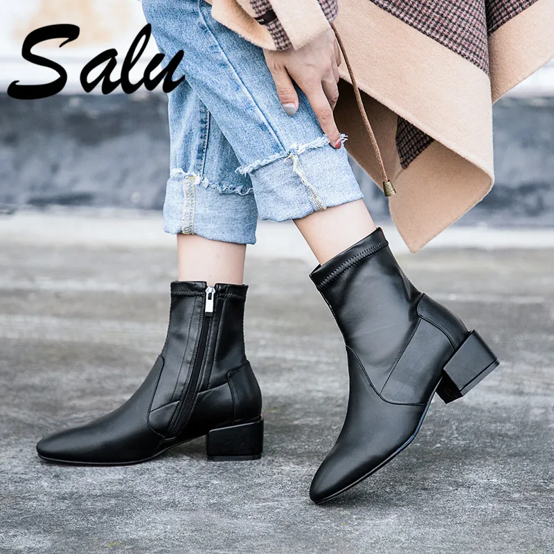 

Salu Size 34-40 New Brand Fashion Full Genuine Leather Boots Women High Heels Ladies Ankle Boots for Women Winter Shoes