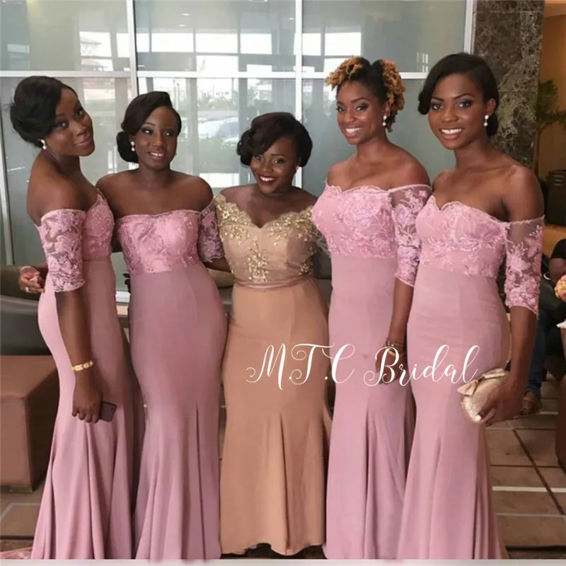 New 2019 Blush Short Sleeve Bridesmaid Dresses Off The Shoulder