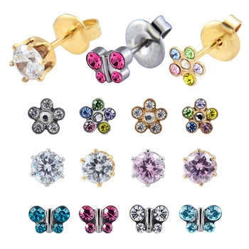

12 Pairs Surgical Stainless Steel Birthstone Stud Earrings Piercing Crystal Ear Stud Jewelry Butterfly Crown Pearl Heart Shapes