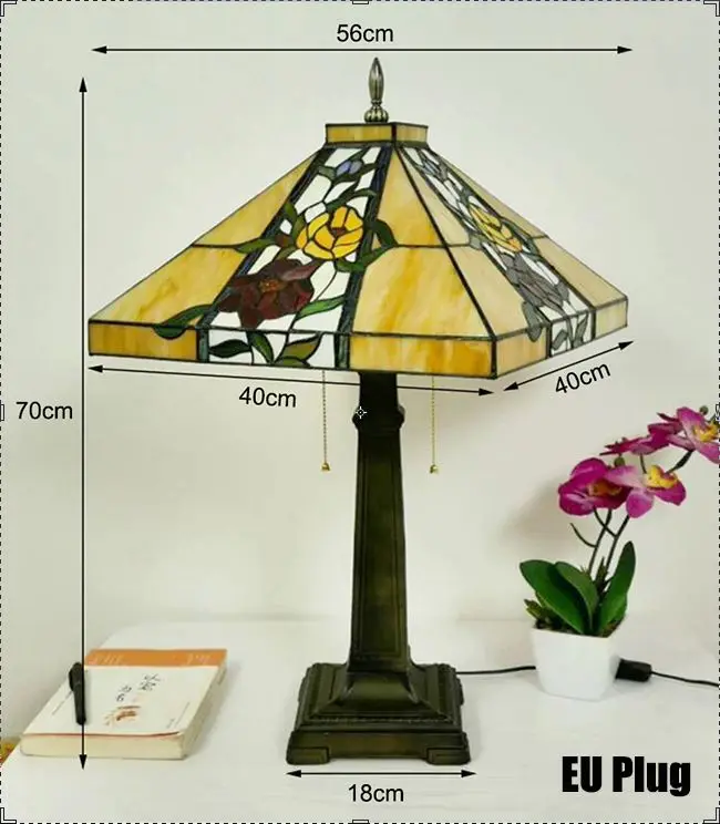 56 см настольная лампа Тиффани Роза абажур спальня оригинальная прикроватная лампа винтажная ресторанная квадратная настольная лампа - Цвет абажура: EU Plug