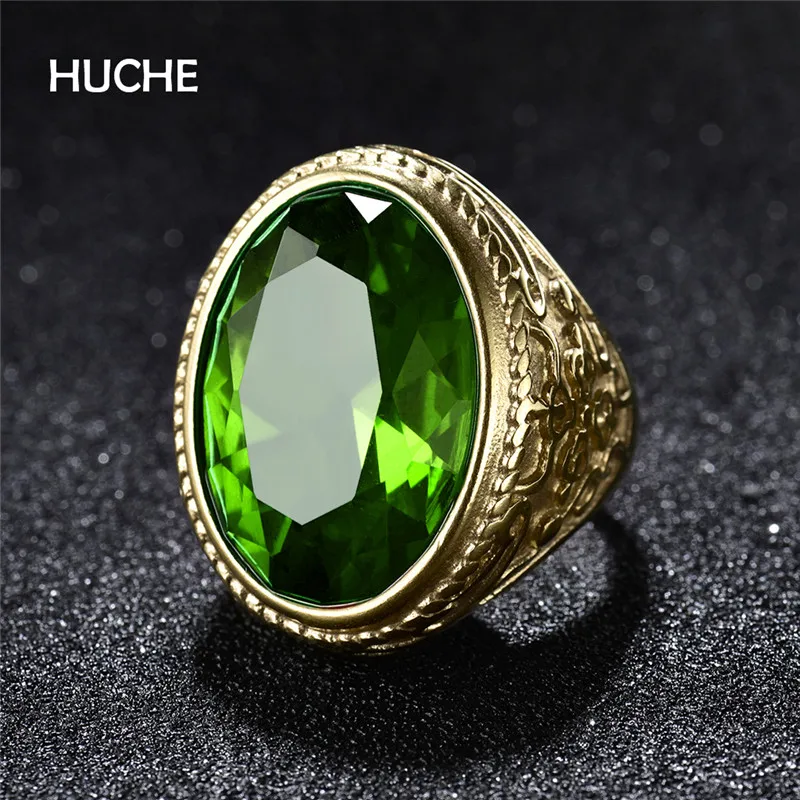 

HUCHE Red Blue Green Crystal Stone Cool Men Ring Stainless Steel Gold Color Patton Carved On Side Wedding Men Jewelry HYJBR171