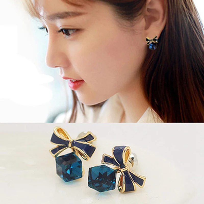 

2019 Fashion Chic Bling BowKnot Earring Cubic Green Blue Crystal Earrings Rhinestone Trendy Stud Earrings For Women Pendientes
