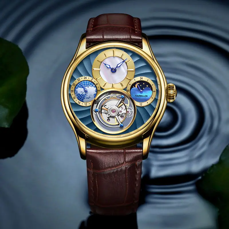 Золотые оригинальные настоящие Tourbillon Мужские механические часы светящиеся указатели мужские чайки Tourbillon часы Moonphase reloj dorado - Цвет: Brown Gold blue