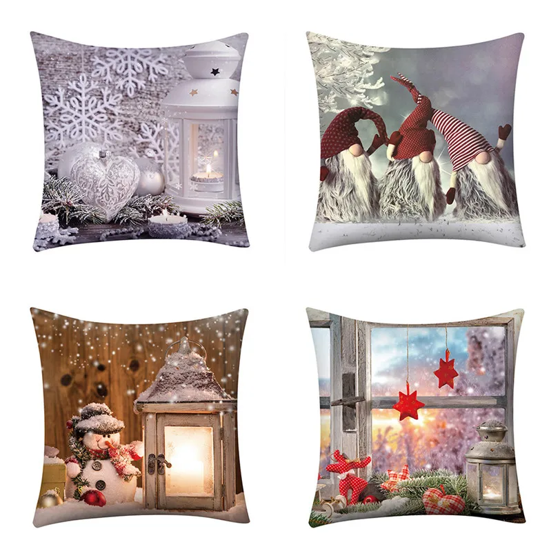 TENSKE 4Pcs/set Christmas Print Cushion Cover 45cm*45cm Polyester Festive Pillowcase For Office Home Bed Sofa Seat Case 8S20