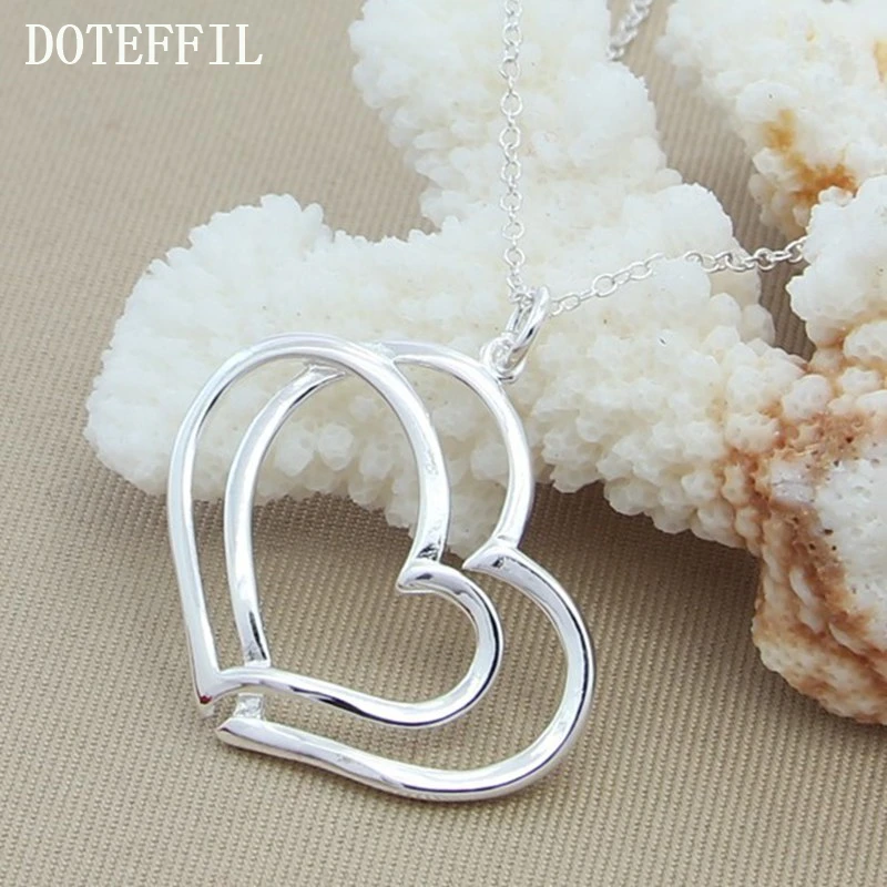DOTEFFIL 925 Sterling Silver Double Heart Pendant Necklace 18 Inch Chain For Woman Fashion Wedding Engagement Charm Jewelry - Image 2