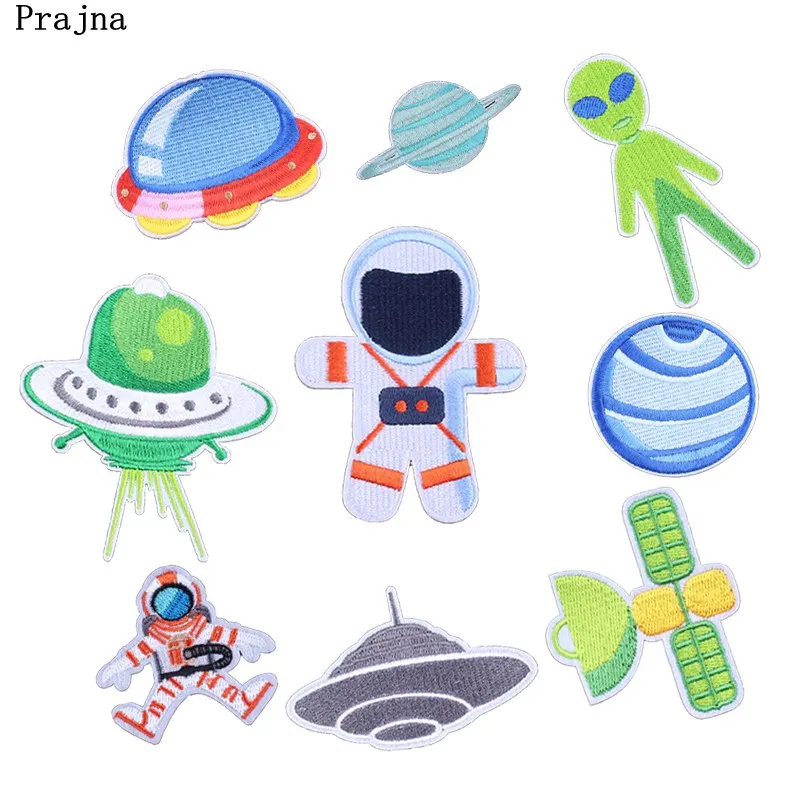 

Prajna Spacecraft UFO Badges Cartoon Astronaut Iron On Patches DIY Clothing Embroidered Stickers For Jeans Dress Appliques Cute