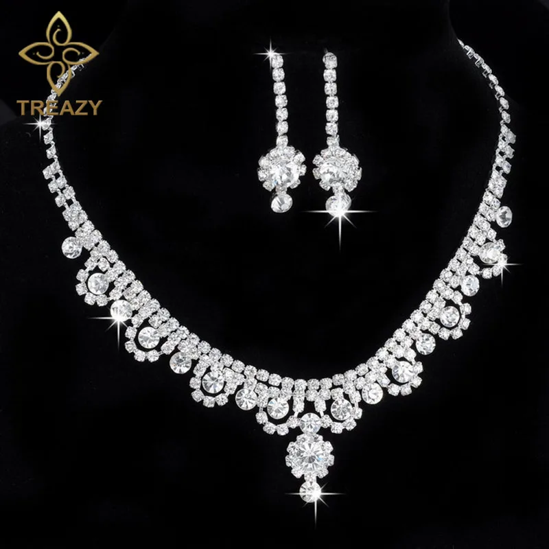 

TREAZY Celebrity Inspired Crystal Rhinestone Choker Necklace Earrings Set Silver Color Wedding Bridal Bridesmaid Jewelry Sets