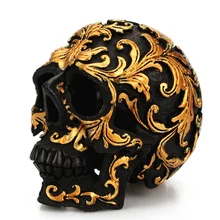 Halloween Golden Flower Frame Decoration Creative Resin Black Skull Desktop Decoration Realistic Replica Human Statue