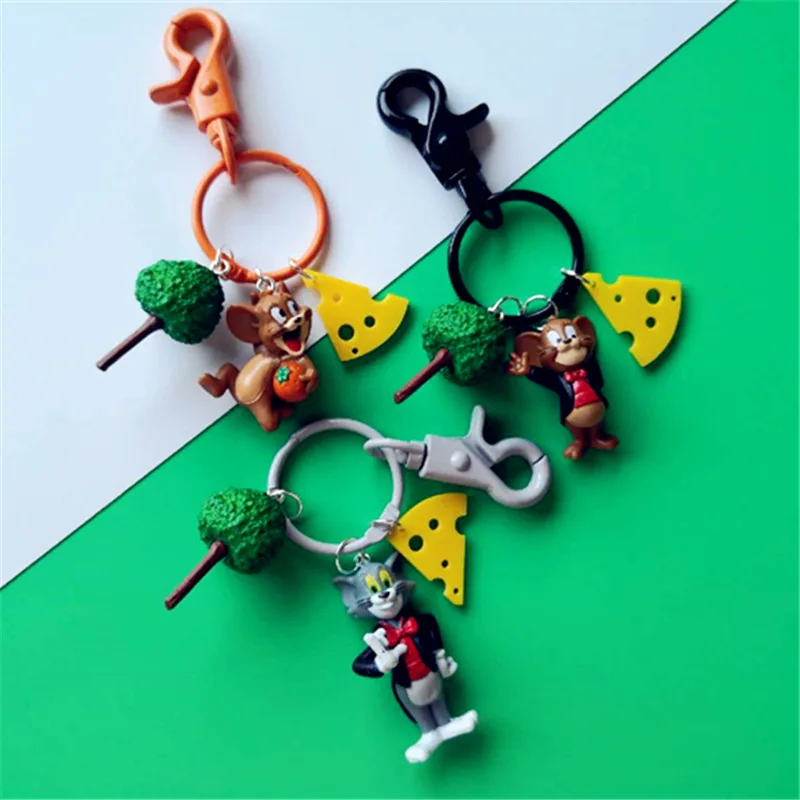 

Cute Cartoon 3D Anime Tom Cat and Jerry Mouse Keychain for Women Girl Bag Wallet Charms Figure Cheese Decoration Keyrings
