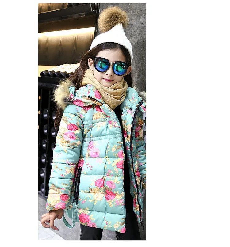 fur hooded flowers printed girls jackets and coats kids top winter 2016 teenage little girls padded coats warm long kids clothes (4)