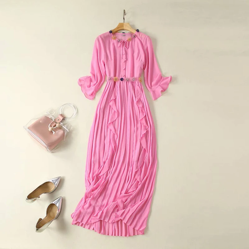 

High QUALITY 2019 Newest Fashion Runway Designer Women's Elegant Floral Collar And Flower Belt Ruffles Pleated Maxi Long Dress