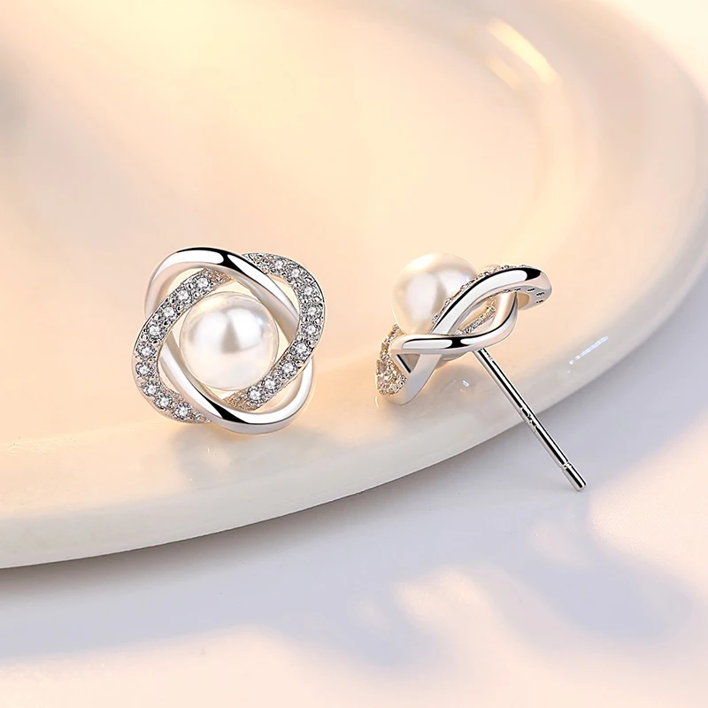 

Wholesale 12 pairs High Quality Pearl & Zirconia Silver Twist Flower Stud Earrings Female Wedding Jewelry Accessories for Women