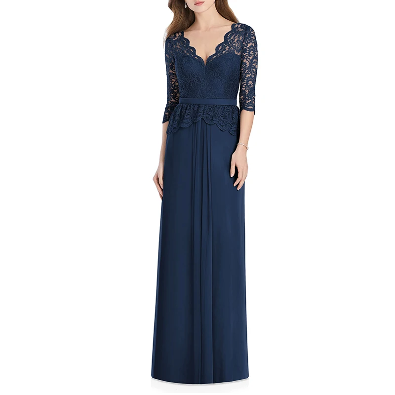 Marineblauw Moeder van de Bruid Bruidegom Jurken Sheer Lace Half Mouwen Wedding Party Lange Formele Chiffon Diner Jurk Elegante eveni Marineblauw Moeder van de Bruid Bruidegom Jurken Sheer Lace Half Mouwen Wedding Party Lange Formele Chiffon Diner Jurk Elegante eveni