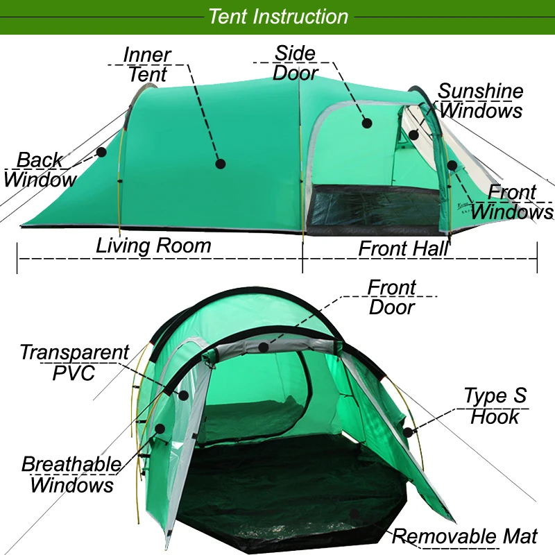 Палатка Открытый Палатки Семейный Праздник Путешествия Палатка 3-4 Человек Горы Палатка с Одной Спальней и Одной Гостиной Водонепроницаемый Тент